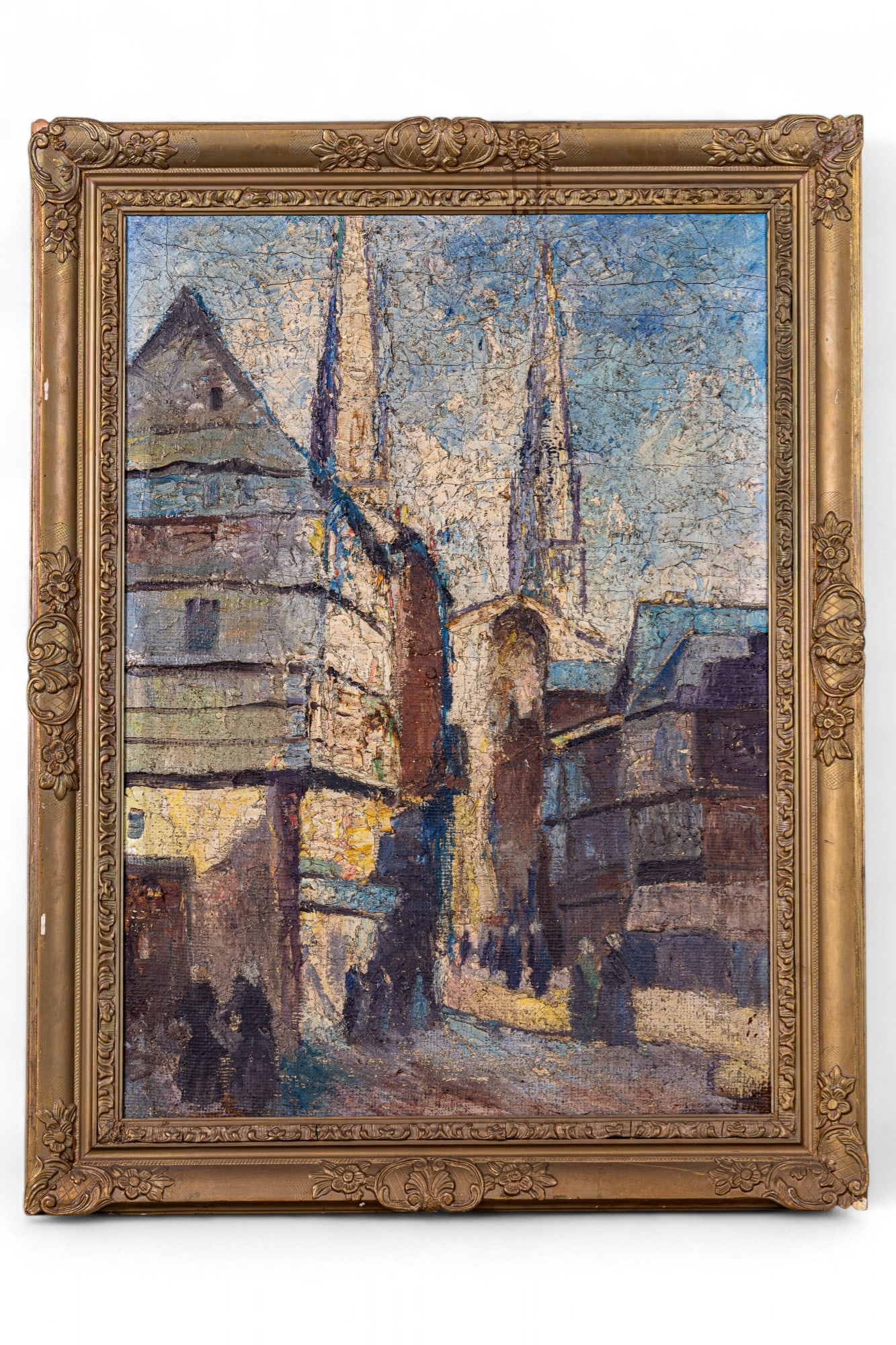 19th C Impressionist Oil on Burlap, Town Church: Large size 19th C Impressionist landscape / cityscape, double white steeple church in a village with blue sky and blues and browns for the village. Impasto painted on burlap, lots of crazing, not sign