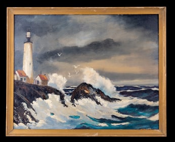 W. H Millett Lighthouse in Storm Oil Painting