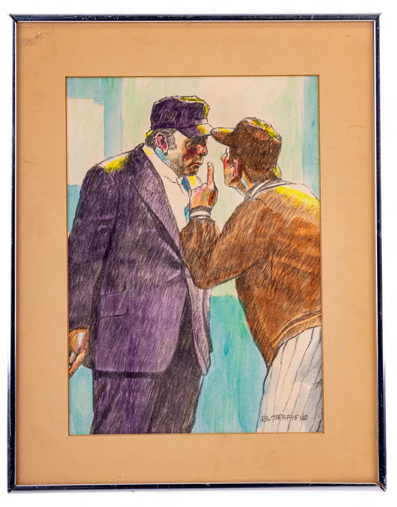 C. Butterfield "Billy Martin Arguing w/ Umpire": A framed watercolor by Cortland Butterfield (signed lower right) entitled "Billy Martin Arguing w/ Umpire". ITem measures approx. 14.5" x 18" OD.