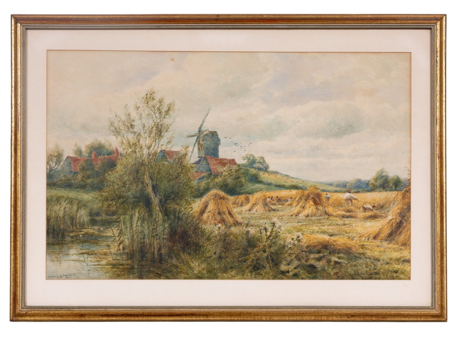 Henry John Kinnaird Antique Watercolor: An early watercolor mad and signed by Henry John Kinnaird (bottom left) depicting a rural scene with field workers. Measures approx. 25.5" x 18" OD in frame.