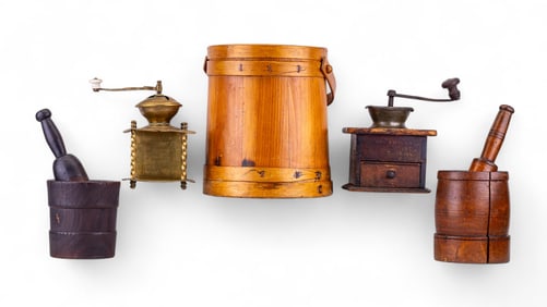 Wooden Bucket, Coffee Grinders, and Mortar/Pestles
