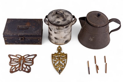 Tole Coffee Pot, Tins, and Trivets