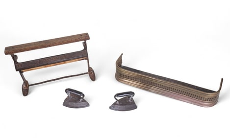 General Store Spool, Fireplace Fender, Sad Irons
