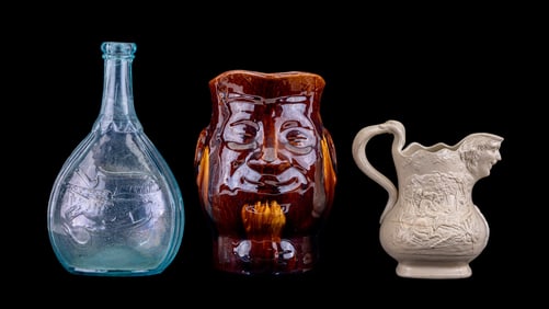 Aqua Glass Bottle and Early Ceramic Pitchers