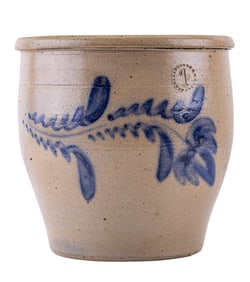 Antique Blue Decorated Stoneware Crock 8"