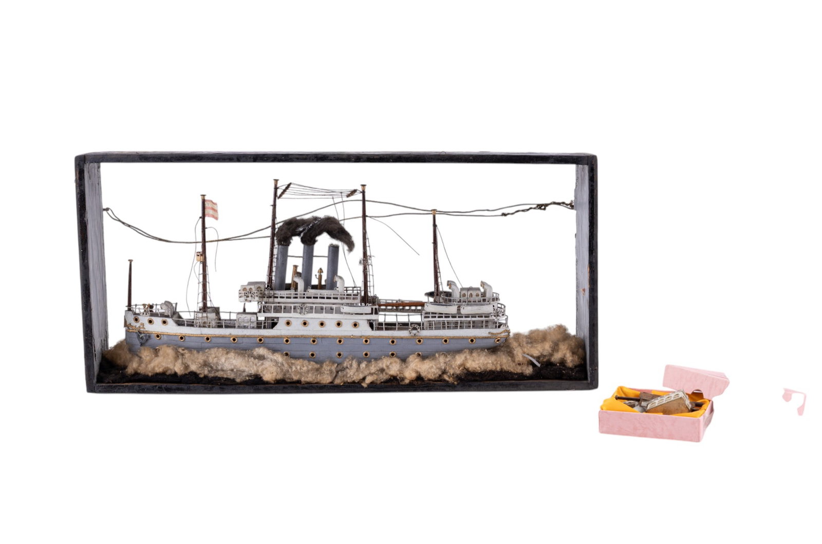 Antique Steamer Ship Model Shadowbox: A hand painted, shadowbox framed scale model of a turn of the century steamer ship, the name 'Tytanyk' is written on the life rafts, some parts have come off but are present, note glass has been remov