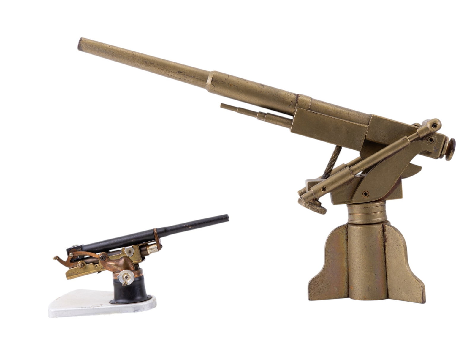 Large Cast Metal 8mm Flak Model / Replica, Another: Grouping of two cast metal 8mm flak gun replicas. First is gold painted and measures approx. 14" high w/ 18" long barrel. Second is a multi-tone metal replica with spring-loaded locking & firing mecha