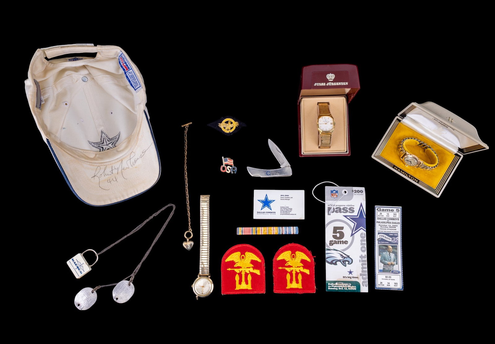 Hamilton, Jurgenson Watches, Sports Souvenirs: Grouping includes a Hamilton Medalist rolled gold plate (RGP) watch, another RGP Hamilton watch with broken band, military patches & bar, Jules Jurgenson watch, and a Dallas Cowboys Set with signed co