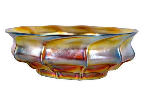 LCT Tiffany Favrile Iridescent Art Glass Bowl: An LCT (Louis Comfort Tiffany) Tiffany favrile iridescent art glass bowl measuring approx. 10.25" diameter x 3.75" H. Item is signed on bottom "LCT" and "Favrile".