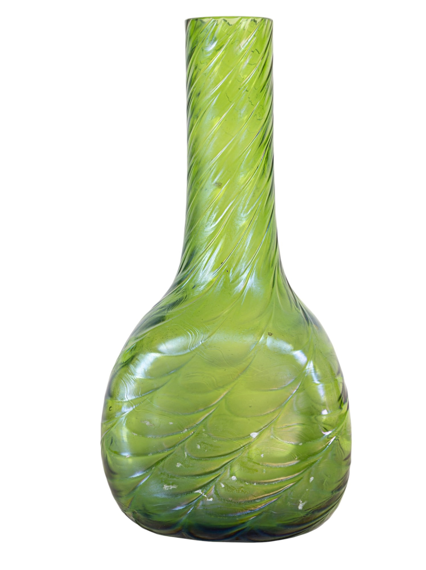 Loetz Art Nouveau Iridescent Glass Vase: A fine iridescent green blown glass and dimpled / with swirl pattern / draped vase by Loetz, 3.5" W x 7.25" H.