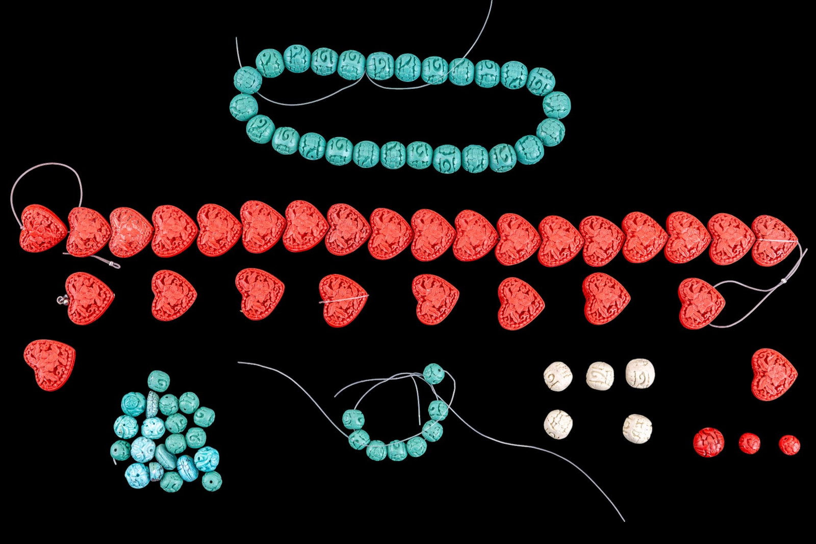 Carved Cinnabar Bead Grouping, Red Green White (1 of 6)