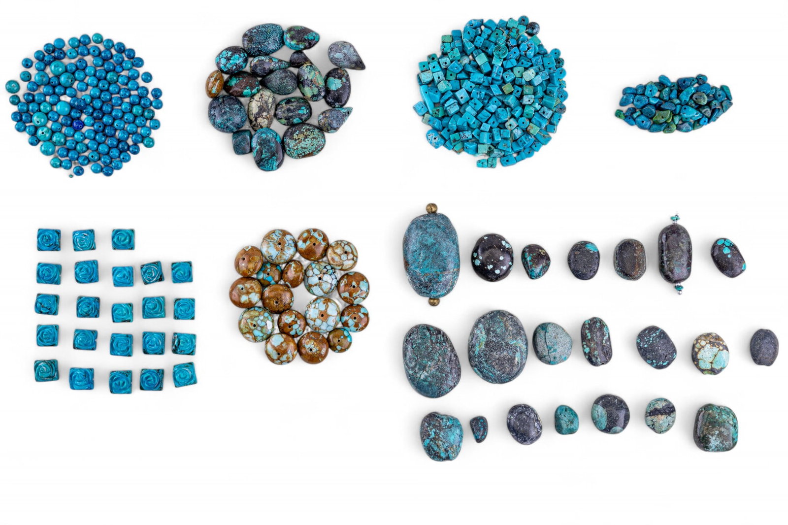 Loose Stone Beads, Mostly Blue: Chrysocolla chips, dyed Amazonite beads, dyed rose carved magnesite, cub cut howlite beads, blotchy, and mosaic turquoise stones. Various ages, materials, and conditions.