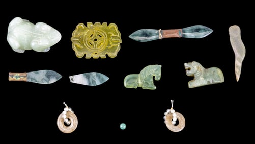 Carved Green Hardstone Pieces, Some Figural