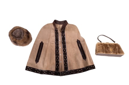 Vintage Suede Cape, Fur Purse and Hat