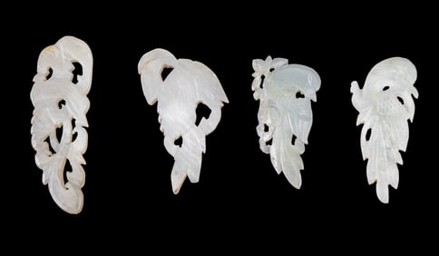 Carved White Jade of Birds + Leaves (4 Pc.)