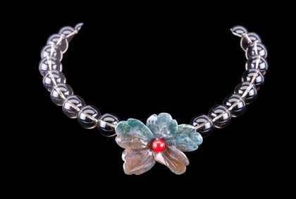 Smokey Quartz Bead Necklace, Stone Flower Pendant