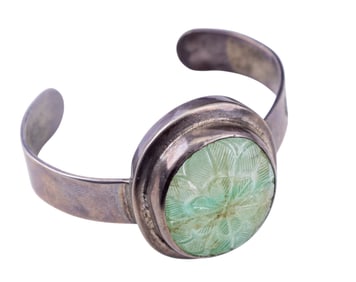 Vintage Silver & Carved Jade Cuff Bracelet