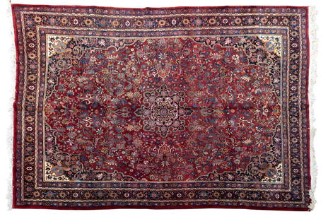 Bidjar Rug (KAI#H3): Hand woven Bidjar Persian rug with dark red, blue, and cream, floral motif 8'7" x 12'10"