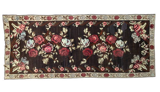 Caucasian Kilim Rug (KAI#H6): Caucasian Kilim rug with black and red rose motif 5'4" x 12'10"