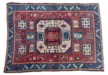Kazak Rug (KAI#H7): Hand woven Kazak rug with red and blue geometric motif 4'10" x 5'