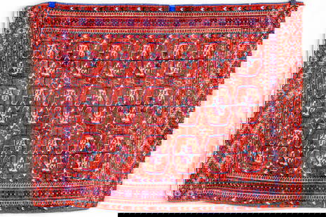 Tekke Bokhara Rug (KAI#H8): Hand woven Tekke Bokhara rug, featuring a blue and red motif, note some fringe loss, 3'4" x 4'3"