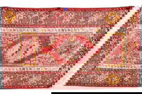 Oushak Rug (KAI#H9): Hand woven Oushak rug featuring a red and brown geometric motif, c. 1930 2'10" x 4'8"