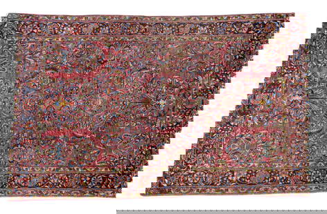 Sarouk Rug (KAI#H11): Hand woven Sarouk rug with a dark blue, light blue, and soft red floral motif c. 1930 3' x 8'5"