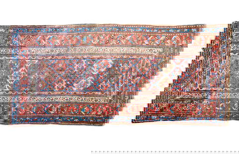 Persian Rug (KAI#H12): Hand woven Persian rug with a blue, cream, and tan geometric motif c. 1920 3'8" x 7'8"