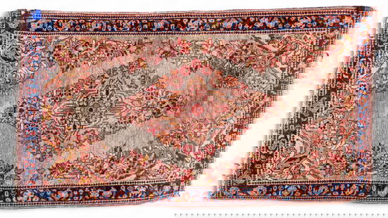 Persian Sarouk Rug (KAI#H13): Hand woven Persian Sarouk rug with a tan, red, and blue floral motif 2'2" x 3'10"