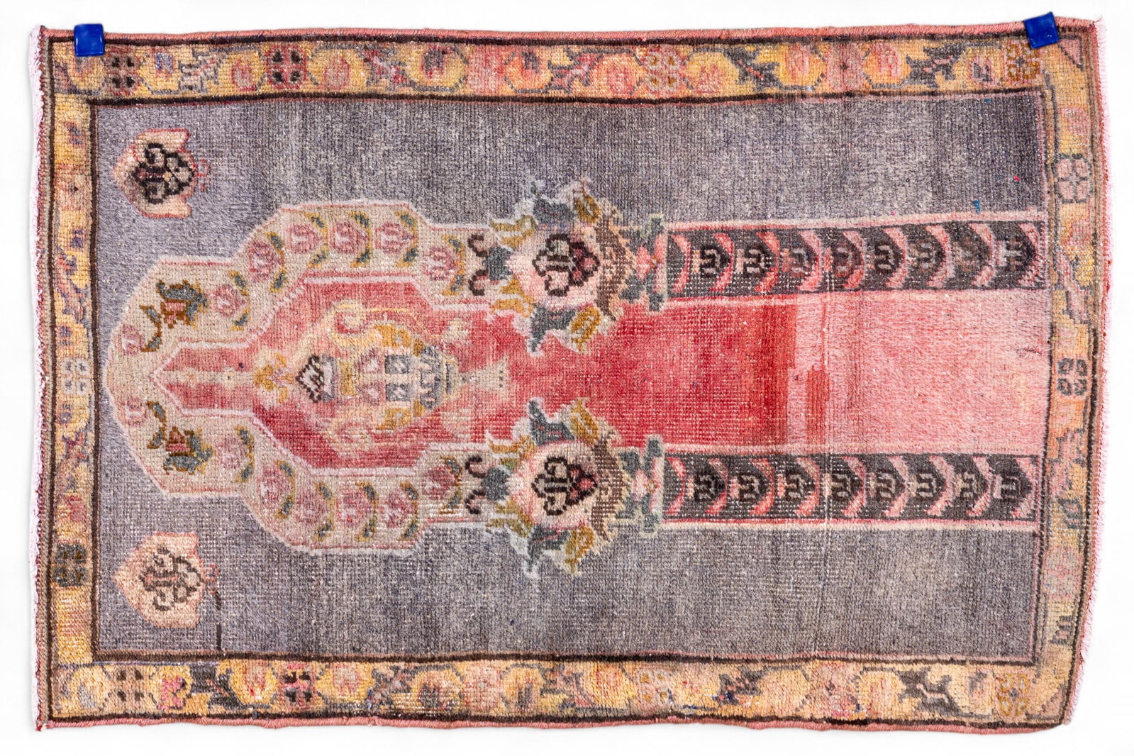 Antique Oushak Rug (KAI#H15): Antique Oushak rug with red, brow, and gold motif, note some fading and edge loss, 2'3" x 3'5"