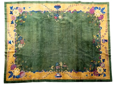 Chinese Art Deco Green Wool Rug, Flower Motif