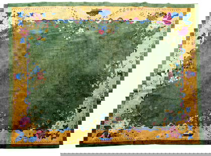 Chinese Art Deco Green Wool Rug, Flower Motif: Chinese Art Deco green wool rug with flower pot and flower motif. Rug measures approx. 140" x 109". Item needs cleaned.
