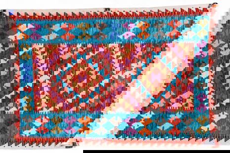 Afghan Kilim Rug (KAI#H17): Kazak designed Afghan Kilim rug with multicolored geometric motif 2'9" x 4'