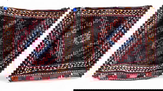 Antique Afghan Saddlebags Pair (KAI#H19): A pair of hand woven antique Afghan saddle bags with blue and red geometric motif, 2'3" x 2'4"