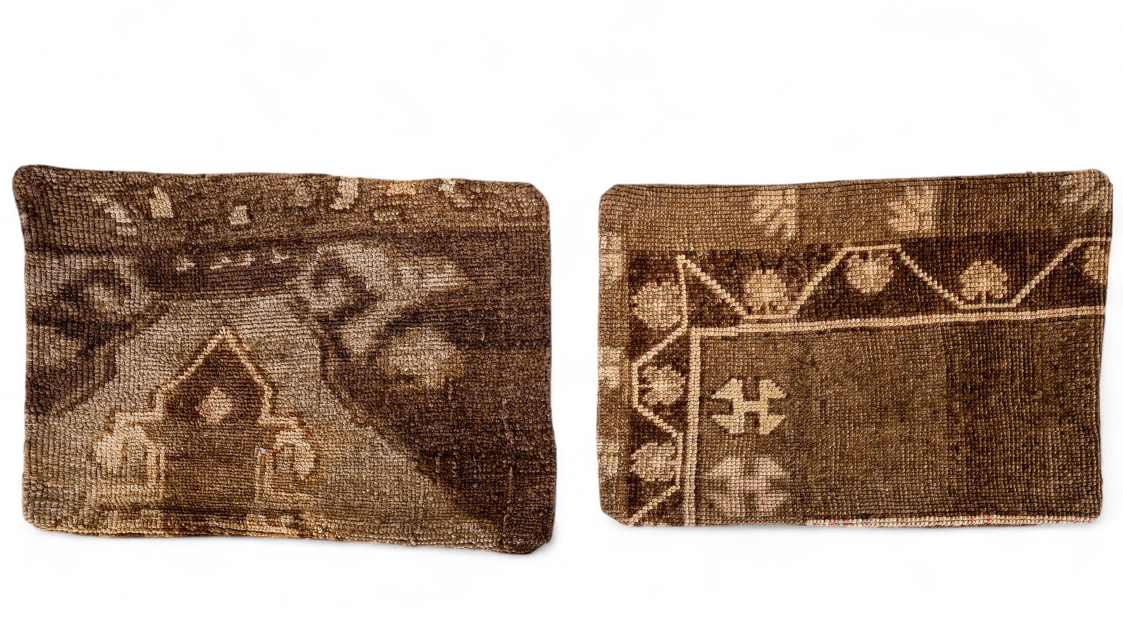 Turkish Pillow Pair (KAI#H21): A pair of Turkish hand woven pillows with brown and tan geometric motif c. 1930