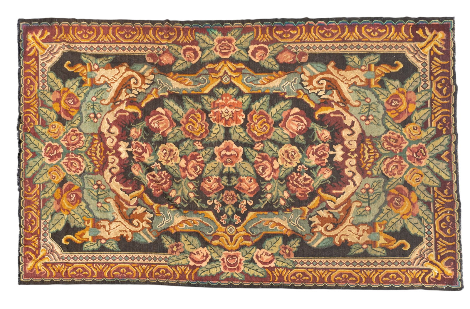 Hand Made Turkish Rug Floral ~7'x12': Hand made Turkish floral motif rug, almost an Art Nouveau design, note some edge loss, approx 12'x7'