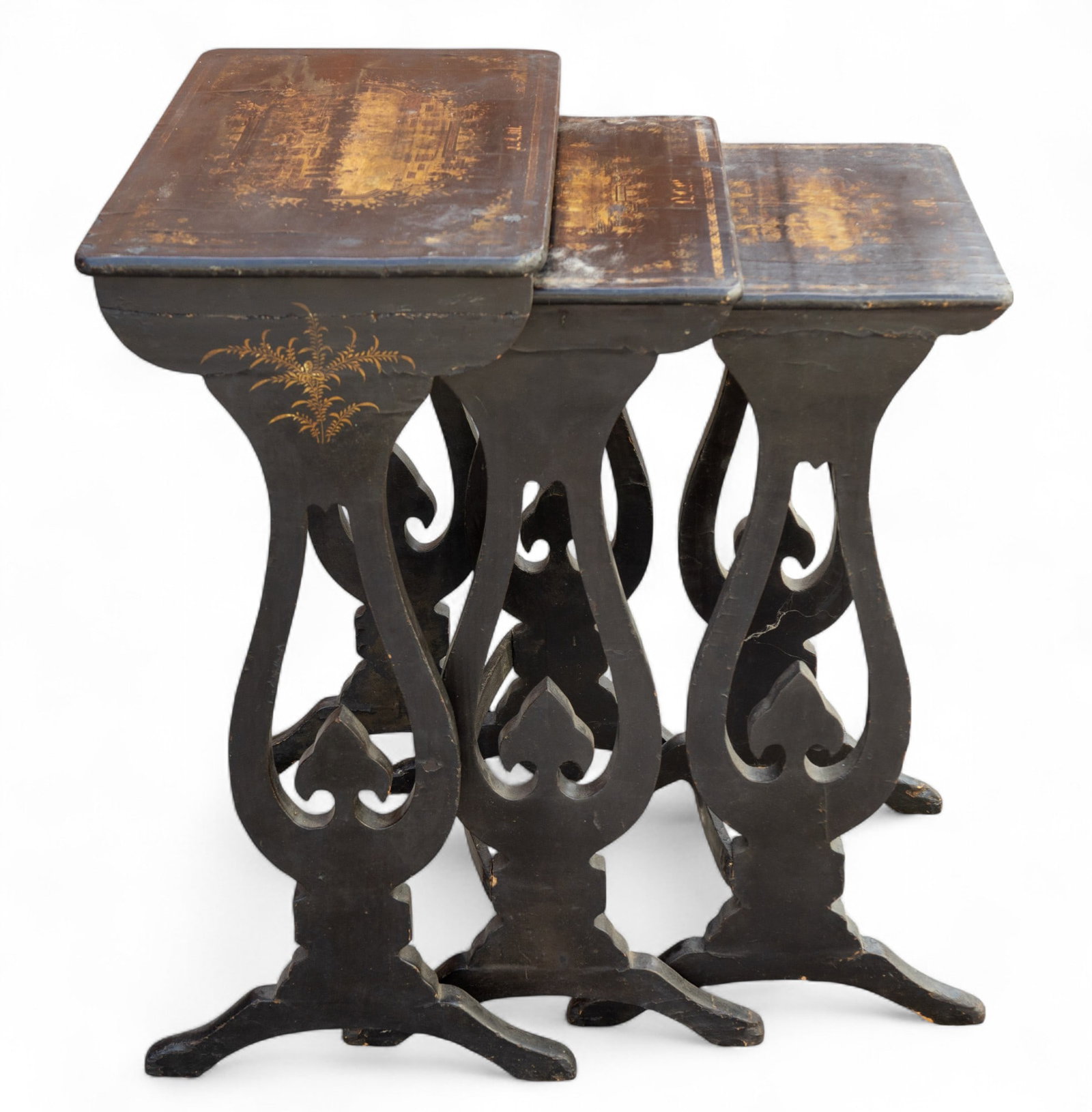 18th C Japanned Set of Nesting Tables: A set of three 18th century Japanned hand painted nesting tables with original gold paint. Some loss to painting, japanning. Largest measures approx. 27.5? high x 19.5? wide x 12? deep. Likely of Japa