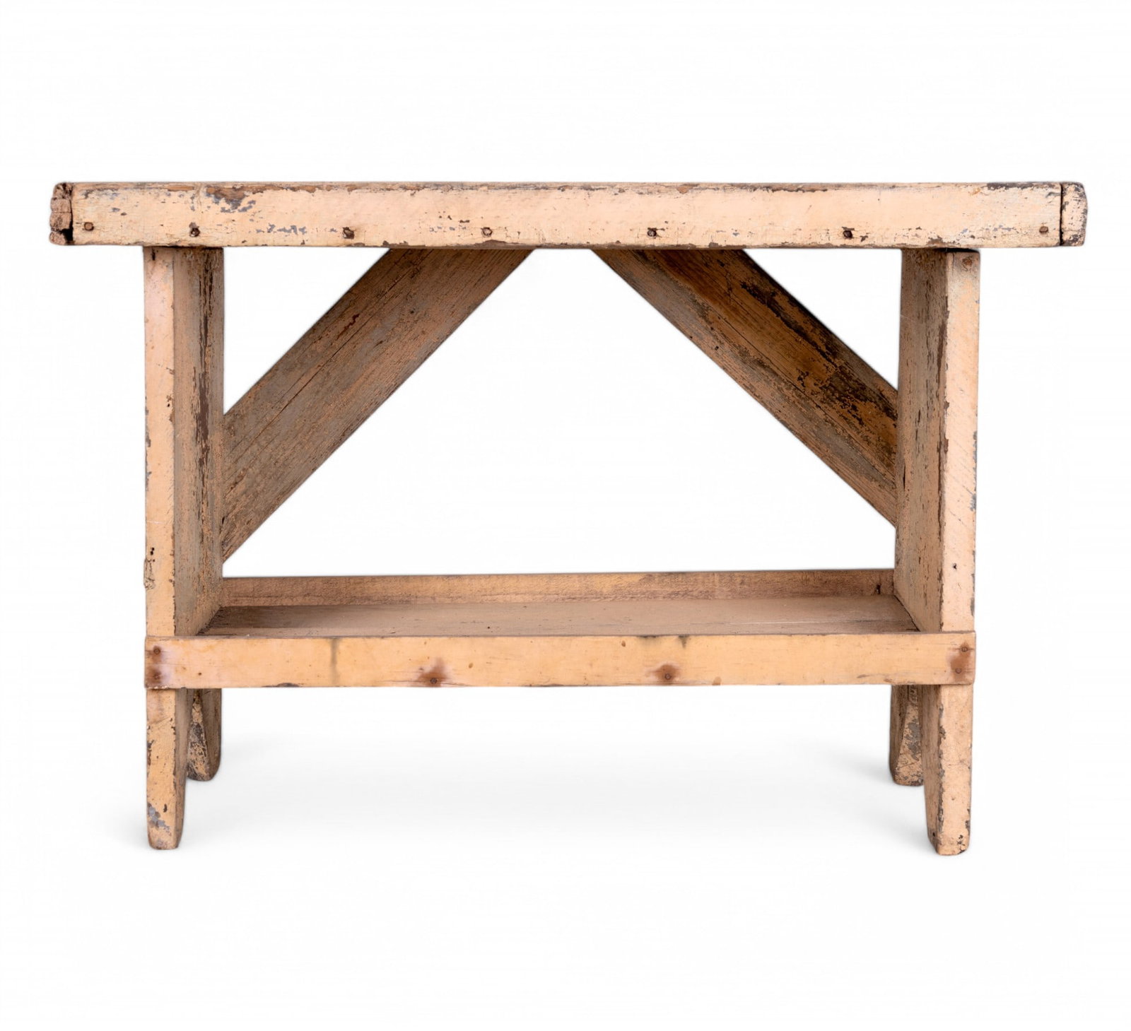 Antique Bucket Bench: Antique wood bucket bench with layers of chipping paint down to remnants of original layers of paint, measures approx. 29.5" W x 13.5" D x 20.5" H.