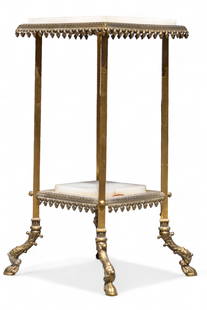 Neo Classical Bronze Side Table: Neo classical bronze side table with white onyx slab top and shelf, 16" W x 16" D x 30" H.