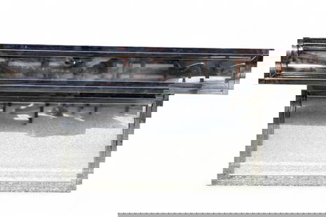 Mirror and Chrome Console Table: A modern mirror sided console table with chrome trim, note some oxidization to the chrome edge, 54" W x 16" D x 26" H.