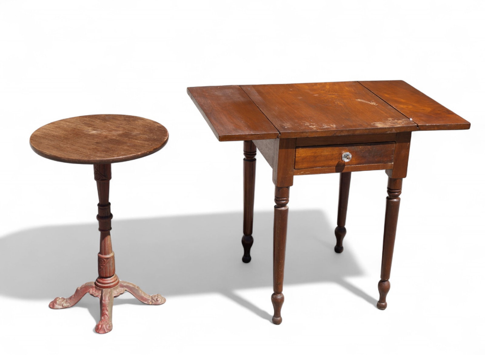 Period PA Sheraton 1-Drawer Drop Leaf + Cast Iron: Period PA Sheraton 1-drawer drop leaf table and a pedestal table w/ wood top & painted cast iron decorative metal base. Drop leaf table is approx. 29" tall, 35" wide when extended, 21" wide when folde