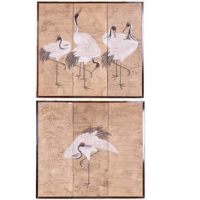Painted Crane Wooden Screen (6 Panel)