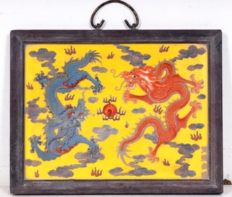 Framed Porcelain Plaque of Dragons