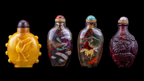 4 Snuff Bottles - Painted, Colored Glass, & Amber