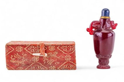 Red Glass Snuff Bottle w/ Foo Dog on Neck