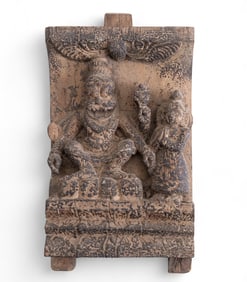 Hindu Carved Wood Wall Panel of Deity w/ Consort