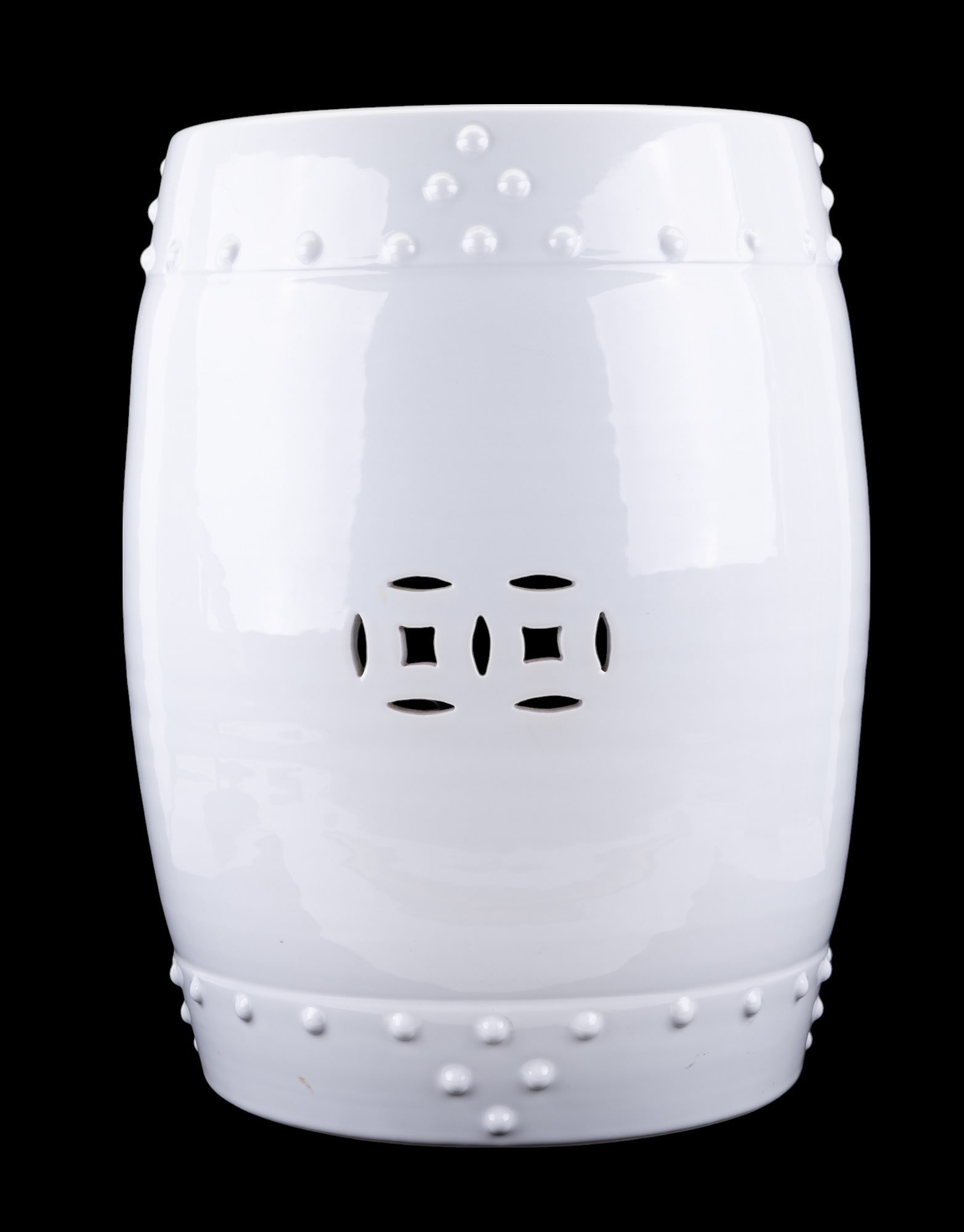 White Ceramic Garden Stool Asian Motif: Chinese white glazed round ceramic garden stool pierced decoration at middle, raised dot decoration around top and bottom, measures approx. 13.5" diam x 18" H.