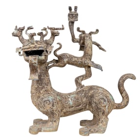 Old Dynasty Bronze Feng Shui Foo Dog Sculpture