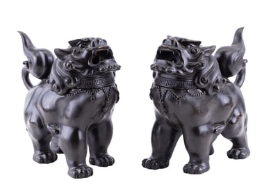 Pair of Chinese Bronze Foo Dog Censers