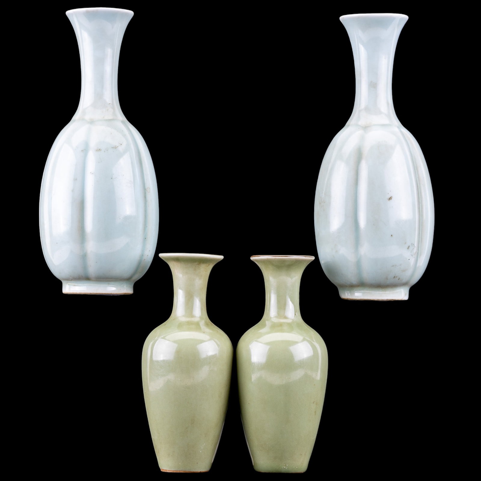 Longquan Celadon Yuhuchun Vases (4): Two sets of Longquan Celadon Yuhuchun vases, in a light green and medium olive toned green, shorter pair measures 6.5" H and the larger pair measures 8.5" H.